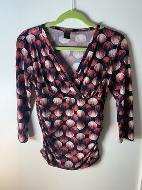 Ann Taylor Navy Wrap-Style Top with Pink and Cream Dot Motif